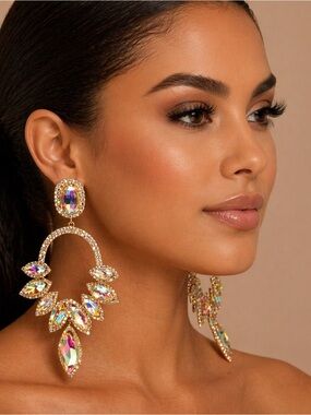 Aurora Crystal Drop Hoop Earrings - Gold Tone